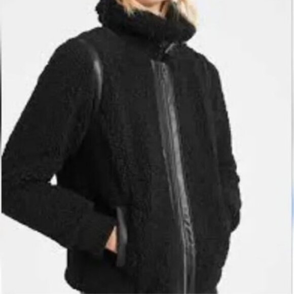 Banana Republic Women's Black Sherpa Bomber Fleece Moto Aviator Jacket Size M - Picture 2 of 11